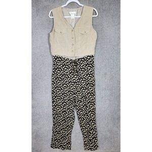Vintage Lisa Jo Jumpsuit  Womens Size 11/12 Beige Black Ditsy Floral Linen Blend